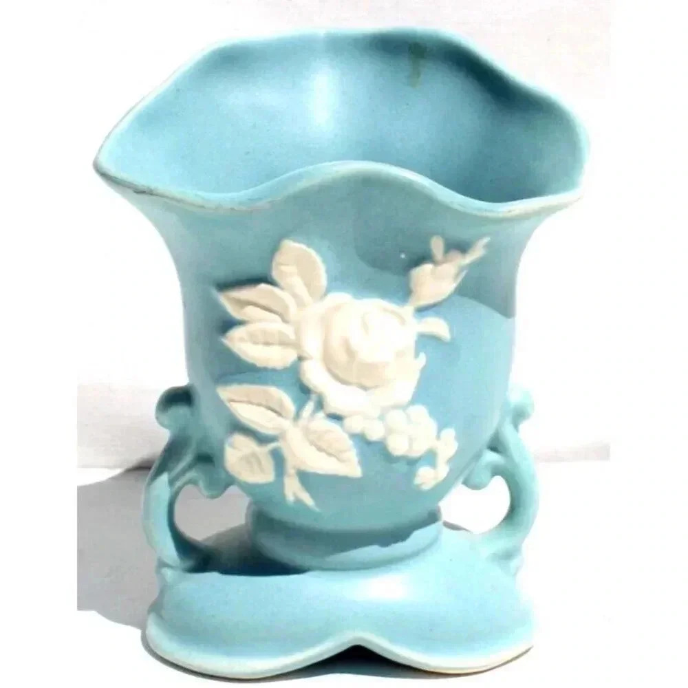 Vintage LIGHT Blue Art Deco CAMEO WELLER Pottery Vase
